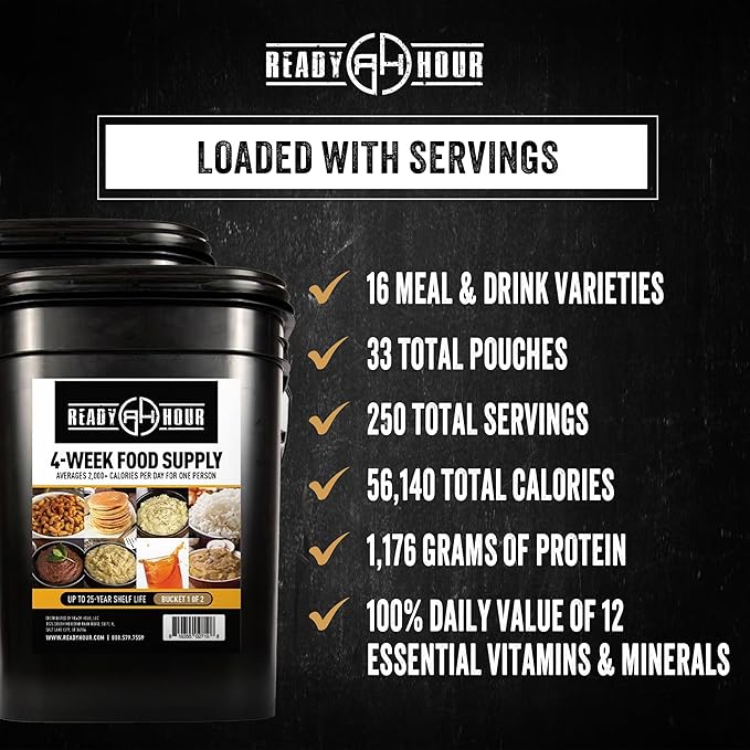 Ready Hour 4-Week Emergency Food Supply (250 Servings), Emergency Food Storage and Meal Entrées, Real Non-Perishable, 25-Year Shelf Life Food, Portable Flood-Safe Container