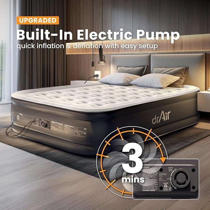 Queen Air Mattress with Built-in Pump, 18" Raised Blow Up Mattress, 800 lbs Max Honeycomb Air Bed, 48Hr Leak-Proof Test, 3min Inflatable Mattress for Home, Guests, Camping, Colchones inflables
