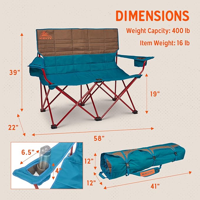 Kelty Loveseat Oversized 2-Person Heavy Duty Folding Camp Chair, Double Seat for Soccer Games, Tailgating, Beach Days (Regular Height/Deep Lake)