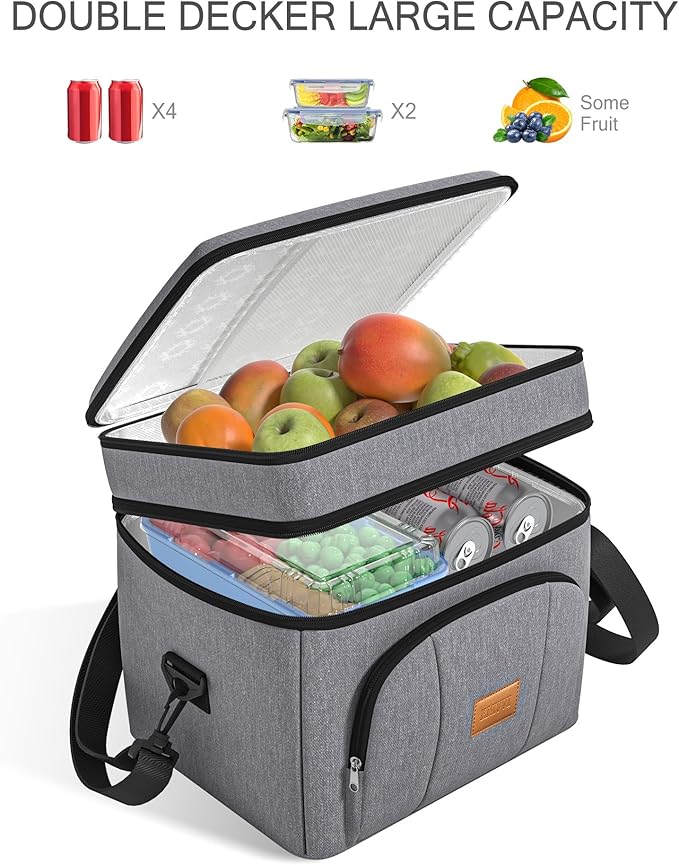 Rnivvi Lunch Box for Men, Double Decker Insulated Cooler Bag Lunch Bag Reusable Leakproof Tote Lunch Container with Strap for Work Family Picnic Hiking Camping, 18 Cans 12L, Large Adults, Gray