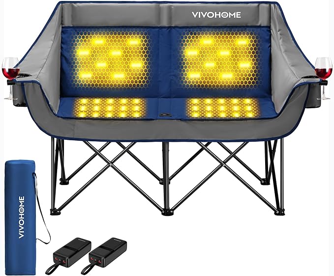 VIVOHOME 45W Padded Heating Double Camping Chair with 2 x 27000mAh Power Bank, Heated Oversized Portable Loveseat for Outdoor Sports, 3 Levels of Heat, Overheat Protection System, Navy Blue and Gray