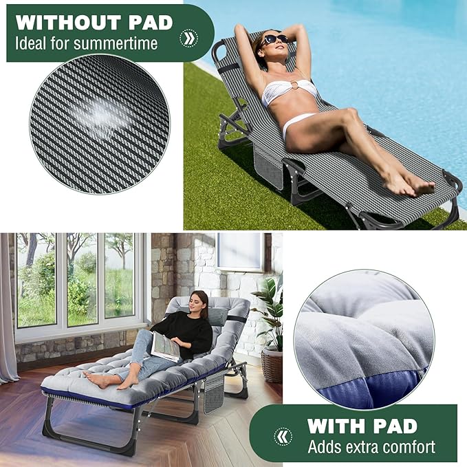LILYPELLE Folding Outside Chaise Lounge Chair with Mattress, 5 Position Adjustable Patio Folding Lounge Chair Reclining Chairs Perfect for Sunbathing, Camping, Pool, Beach, Patio