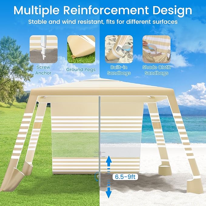 MoKo Beach Cabana, 8'×8' Large Beach Canopy with Side Wall, UPF 50+ Protection Easy Setup Beach Tent Sun Shelter, Adjustable Height Wind Resistant Cabana Beach Tent for Whole Family, Khaki Stripe
