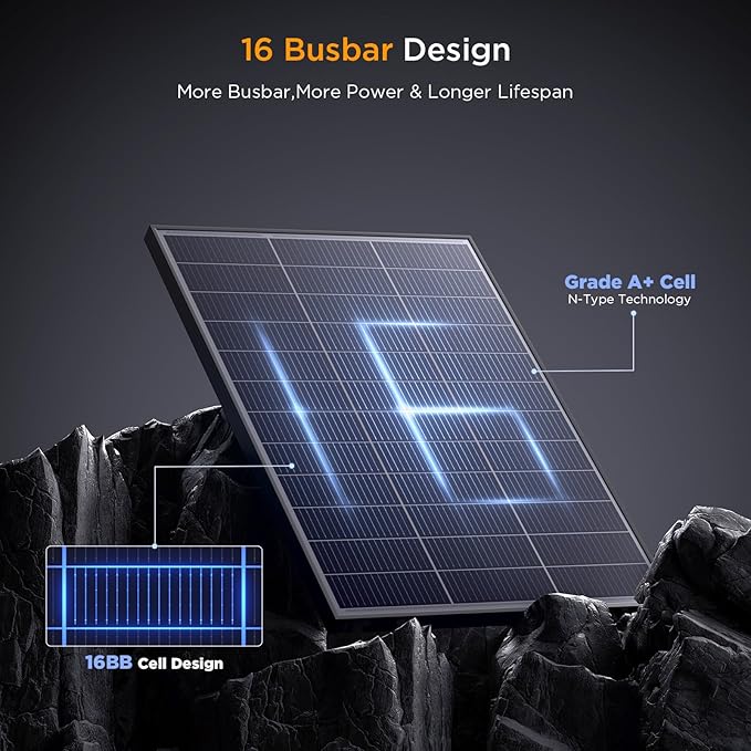 N-Type 16BB 100 Watt Solar Panel, 100W Solar Panel with 25% High Efficiency Monocrystalline PV Module, Compact Space-Saving for RV, Van, Marine and Off-Grid 12V System