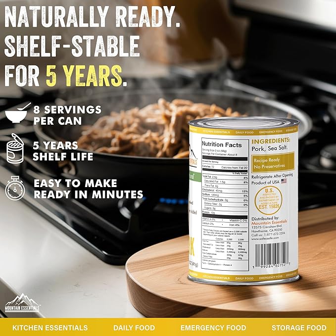 MOUNTAIN ESSENTIALS Canned Pork 14.5 oz – Fully Cooked, Ready to Eat – Pantry Staple Meat for Everyday Meals, Premium Emergency Survival, Bulk Food Storage, Camping, Hiking & Quick Meals – 5-Year Shelf Life – Made in USA – Gluten Free, No Carbs Pack of 24