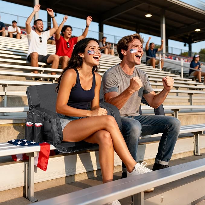 Wide Stadium Seat for Bleachers with Back Support -2 Pack Reclining Adults Camping Stadium Chair Extra Thick Cushion Bleacher Seats Waterproof Black