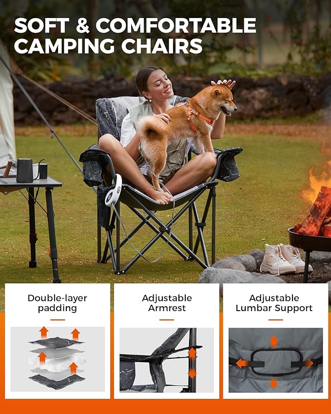 KingCamp Oversized Camping Folding Chair, Heavy Duty 450 LBS with Lumbar Support, Padded seat with Cup Holder&Cooler Bag, Ideal for Camp, Fishing, Sports Event, Backyard, Patio, Lawn (Lava Grey)