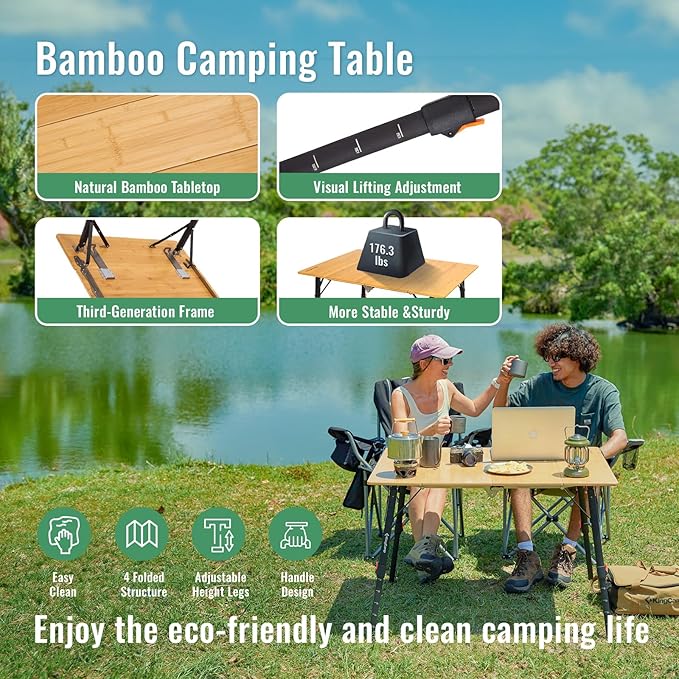 KingCamp Padded Oversized Camping Chair and Bamboo Folding Table 4-Fold Portable Camping Table with Visual Adjustable Height Aluminum Legs,Outdoor Lightweight Camp Tables with Carry Bag