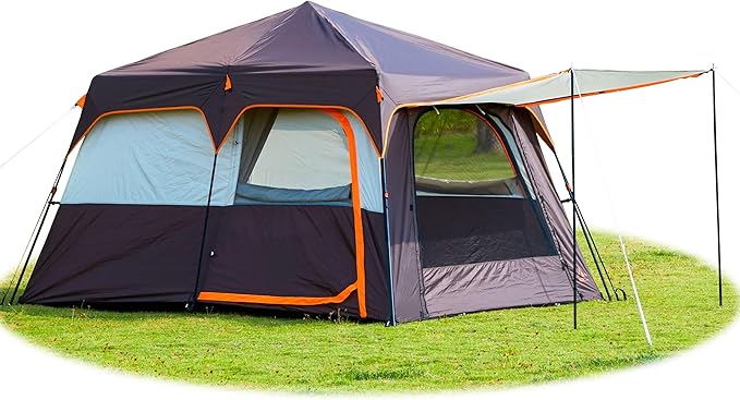 KTT Extra Large Tent 10-12-14 Person(A),Family Cabin Tents,2 Rooms,3 Doors and 3 Windows with Mesh,Straight Wall,Waterproof,Double Layer,Big Tent for Outdoor,Picnic,Camping,Family Gathering