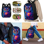 3 PCS Owl Print Travel Backpack Set for Women Men, 17 Inch Knapsack Rucksack Lunch Box with Thermal Insulated Pen Case, Black