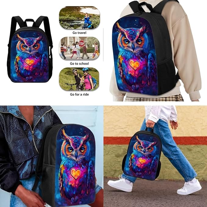 3 PCS Owl Print Travel Backpack Set for Women Men, 17 Inch Knapsack Rucksack Lunch Box with Thermal Insulated Pen Case, Black