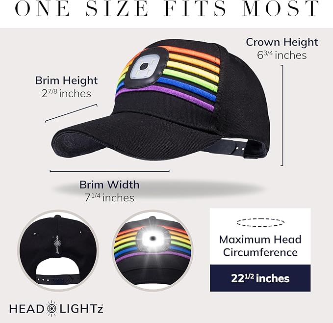 Head Lightz Rechargeable LED Baseball Cap – Built-in USB Light with 3 Brightness Levels – Perfect for Running, Walking, Golf & Camping – Hands-Free Lighted Hat – Oprah’s Favorite Things – Rainbow
