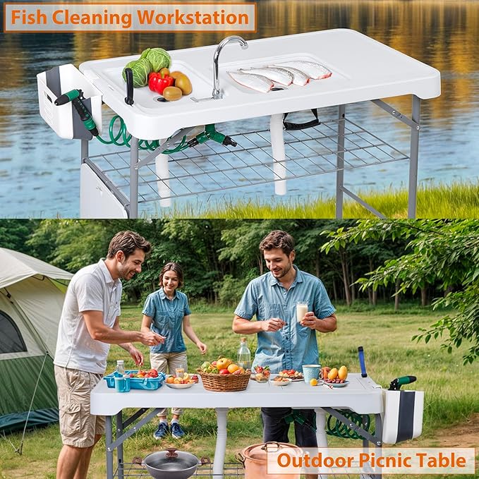 ZENY Fish Cleaning Table with Sink, 42.4" Width Portable Folding Camping Table, Outdoor Fish Cleaning Station with Grid Rack and Fish Cleaning Kit for Picnic