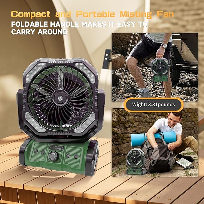 Portable Misting Camping Fan Rechargeable, 20000mAh Cordless Battery Powered Fan with LED Lantern - Rechargeable Camping Fan with Remote, 360° Pivot Hook for Outdoor, Hurricane, RV, Tent, Office