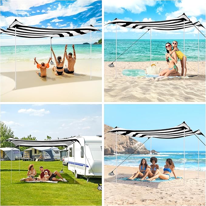 Beach Tent, Beach Canopy Sun Shade UPF 50+, Portable 10×10 FT Camping Sun Shelter with Sandbags, Poles, Ground Pegs and Anti-Wind Ropes for Outdoor, Backyard, Picnics, Fishing-Black Stripe