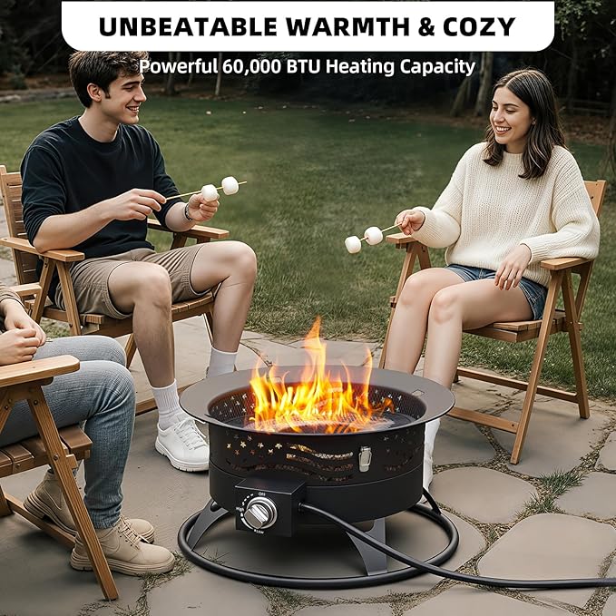 Portable Propane Fire Pit, 24 Inch Smokeless Gas Fire Pit Bowl for Outside, 60,000 BTU Outdoor Firepit with Grill Grate & Lid for Camping, Patio, Yard, Garden