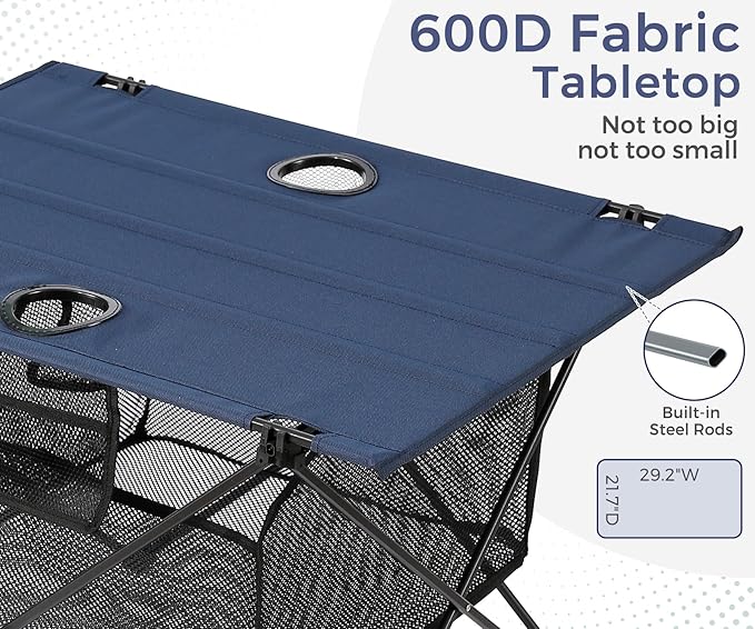 Lightweight Camping Table - Portable Folding Beach Side Table w/2 Cup Holders & Large Storage Basket, Compact Fold for Tailgate Travel Outdoor Fishing Picnic | 29.2" W x 21.7" D (Blue)
