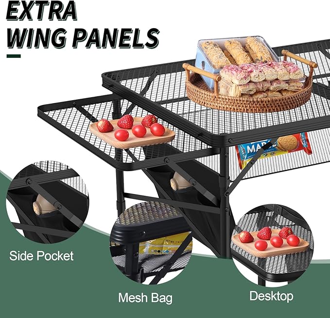 Folding Table with 2 Wing Panels, 3x2 FT Camping Table with Mesh Desktop,Height Adjustable Folding Grill Table with Mesh Bag,Portable Outdoor Table for Picnic,Camping,BBQ,Beach(Black)