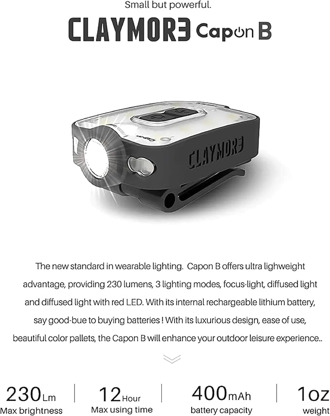 Claymore Capon 40B Red Clip-On Cap Light – USB-C Rechargeable 230LM LED Headlamp | 3 Light Modes 180° Adjustable Beam IP54 Water Resistant Up to 12 Hrs Runtime for Camping, Running, Outdoor