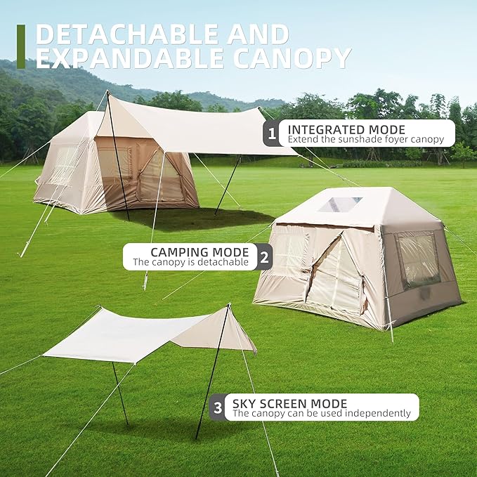 KEIKI Oxford Hot Tent for Camping, 2/3/4/6/8 Person Large Inflatable Tents w/Detachable Canopy, 4 Season Waterproof Tent for Hike Backpacking, Stove Jack AC Port, Mesh Doors Windows, Pump, Easy Setup