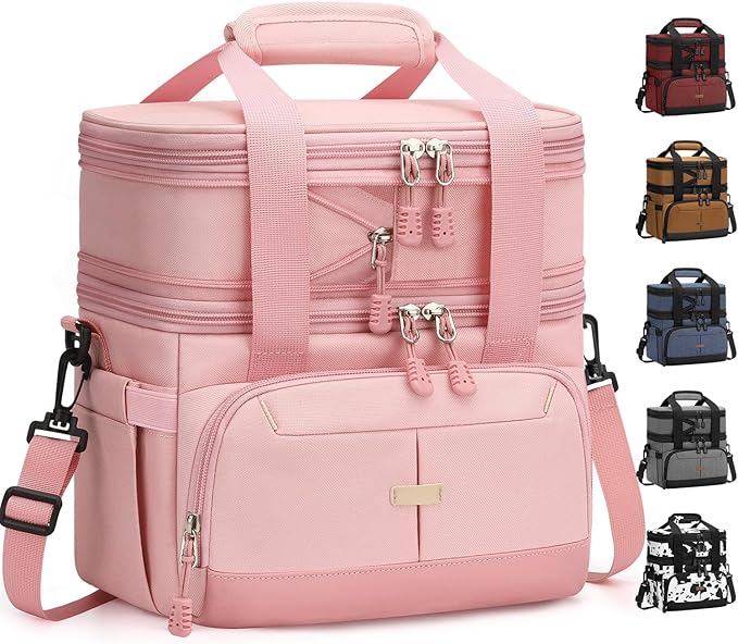 Lunch Box For Men Women Double Deck Insulated Lunch Bag For Men Woman Leakproof Expandable Cooler Bag with Adjustable Shoulder Strap for Kids Shool Work Picnic Camping(Pink,Large)