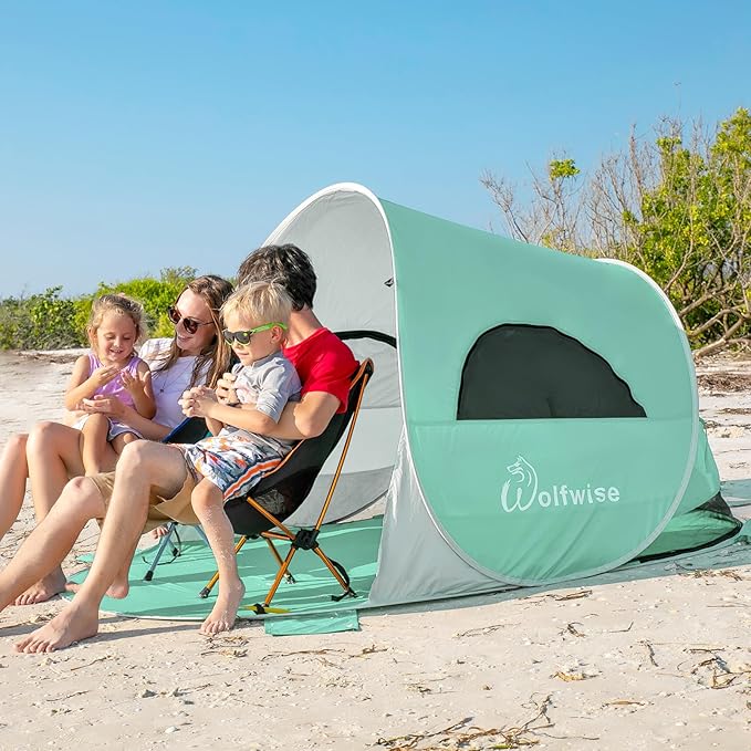 Wolfwise Pop up Beach Tent Sun Shelter with UPF50+ UV Protection, Instant Easy Setup Popup Beach Shade Canopy for 3 Person, Portable & Foldable with Carring Bag, 87 ×57×47 in, Mint Green