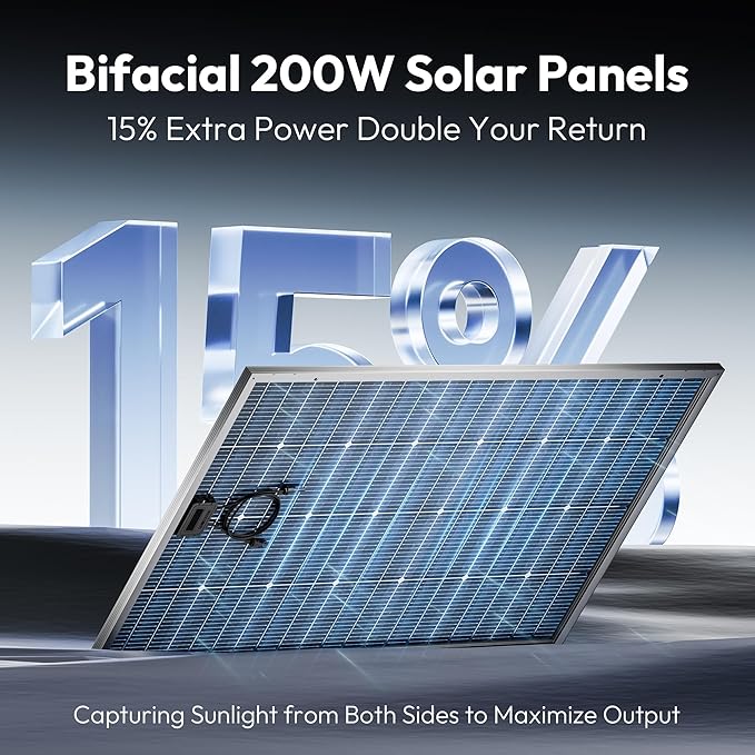 Epoch 200W Bifacial Solar Panels,16BB 12/24 Volt Monocrystalline Solar Panel, High-Efficiency Waterproof Solar Module for RV Camping, Boat, Marine,Off-Grid (200w Single)