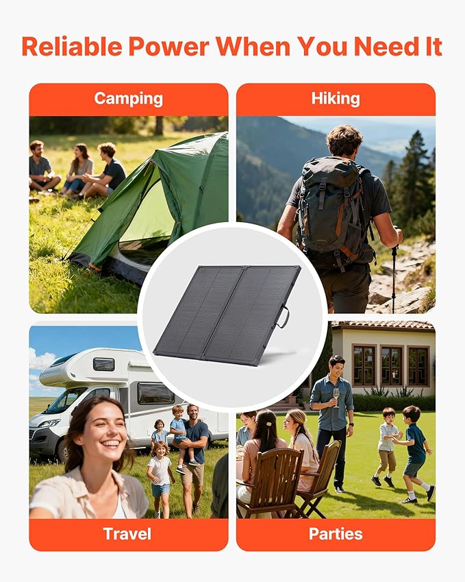 VEVOR 100W Foldable Solar Panel with Frame, 16BB N-Type Portable Monocrystalline Solar Panel Charger 24% Efficiency, IP67 Waterproof with 30A PWM Controller & MC4 Output for Camping, Hiking, RV Trips