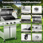 R.W.FLAME 3-Burner Propane Gas Grill With Sider Burner, Stainless Steel Propane Grill 34,000BTU, Multifunction & Protable Outdoor Barbecue Grill with Casters for Camping & Parties