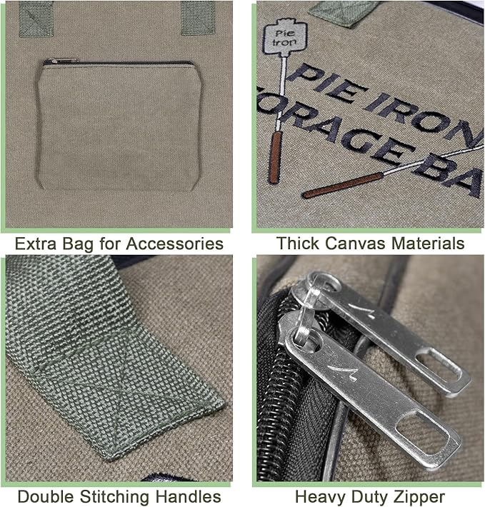 Deluxe Pie Iron Bag for Mountain Pie Maker Cast Iron Storage Fits up to 4, Heavy Duty Padding with Extra Pocket for Campfire Accessories, Strong Straps to Secure, Camping Storage Bag 32×12in