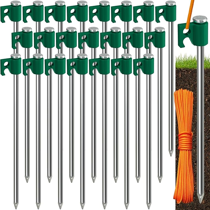 Tradesparker Tent Stakes 22-Pack 8Inch Heavy Duty Garden Stakes Canopy Anchors - Includes Ropes for Camping Tents, Pop Up Canopies and Outdoor Events, Green