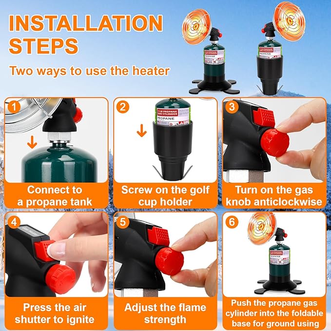Golf Cart Heater, Portable Propane Heater with Self Igniter, 2-in-1 Outdoor Space Heaters with Cup Holder & Cylinder Base, Golf Cart Accessories, Cordless Camping Heaters for Tents,Hunting,Ice Fishing