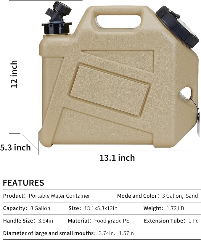 Water Container, 2.5 Gallon Water Containers Jug, (13x12x5.3in) Truly No Leakage Water Storage, Small Warm Sand Color Water Tank,BPA Free Portable Emergency Water Storage for Camping, Hiking