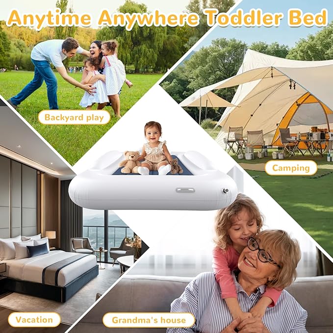 Inflatable Toddler Travel Bed - Portable Toddler Kids Travel Bed with Safety Sides Complete Kids Air Mattress Set with High-Speed Pump, Ideal for Vacation Camping and Sleepover (60 Inches)