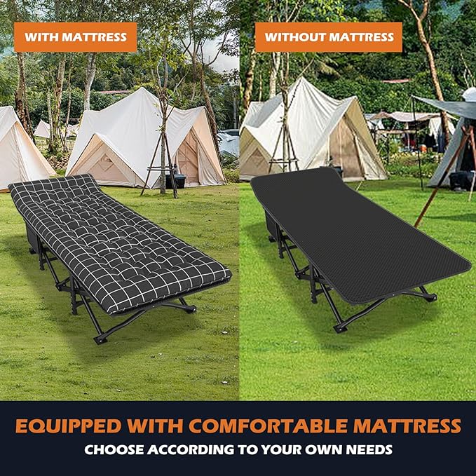 ATORPOK Camping Cot for Adults with Cushion Comfortable, Portable Folding Bed for Sleeping, Lightweight Folding Bed with Carry Bag for Kids Supports 450 lbs (Black)
