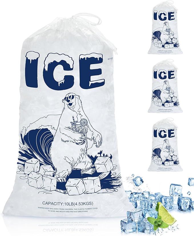 10Lb Ice Bags with Drawstring – 100 Pack Heavy-Duty Plastic Ice Storage Bags, Leak-Resistant & Freezer Safe, Reusable for Coolers, Events, Parties, Camping, Catering
