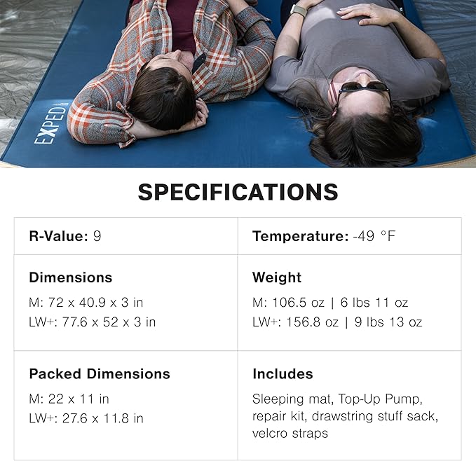 Exped DeepSleep Mat Duo Long Wide Plus - Self Inflating Firm Car Sleeping Mat, 3” Foam Pad, Pump Included