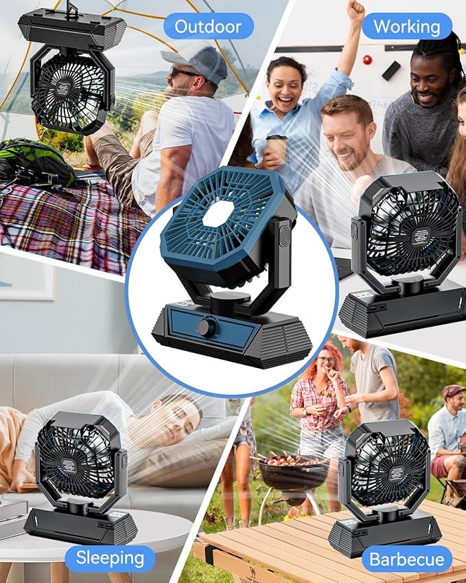 Portable Camping Fan with 20000mAh Rechargeable Battery, USB-C Battery Powered Fan for Indoor Outdoor Use, Ultra Quiet Battery Operated fan for Travel, Tent, Beach, Picnic, BBQ, Desk, Home
