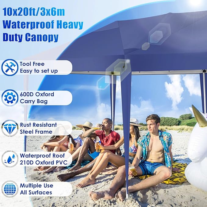COBIZI 10x20 Pop Up Canopy Tent Party Tents for Parties Weddings Backyard Waterproof Outdoor Commercial Instant Canopy Event Tent with Stakes, Ropes,Sandbags, Deep Blue