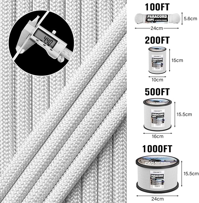 1200 Paracord Rope - 4.4mm 14 Strand Nylon Parachute Spool para Cord Lanyard for Outdoor Camping Survival Utility Tent Crafting DIY Projects Fishing Clothsline Bracelet - White 100FT