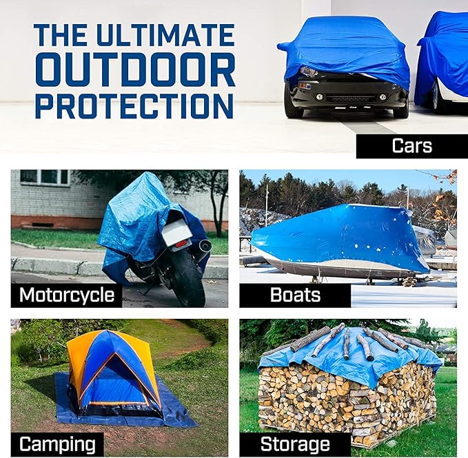 Grizzly Tarps by B-Air 10' x 14' Large Multi-Purpose Waterproof Heavy Duty Poly Tarp with Grommets Every 36", 8x8 Weave, 5 Mil Thick, for Home, Boats, Cars, Camping, Protective Cover, Blue