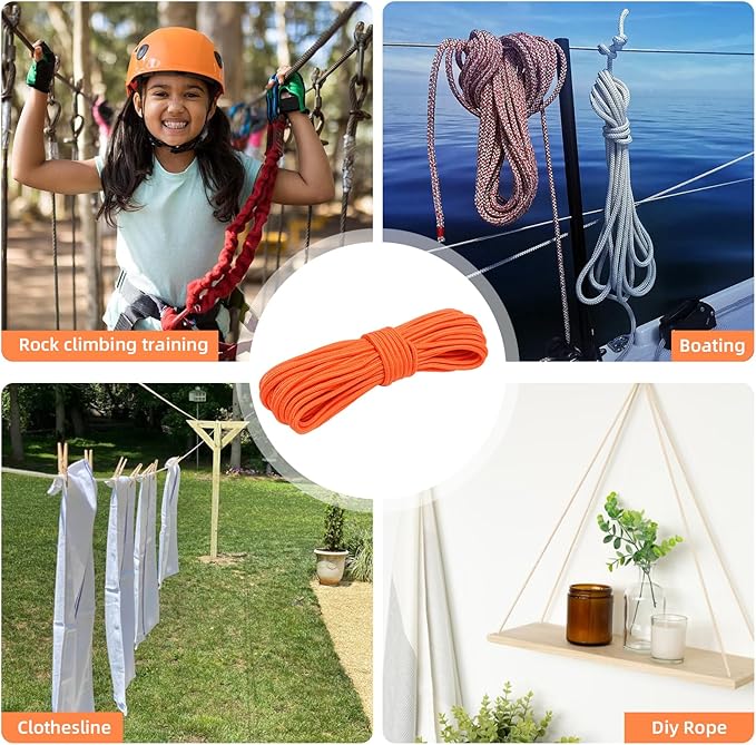 Nylon Rope, 1/4 inch 50FT Nylon Poly Rope Utility Cord Strong Polyester for Camping, Hiking, Clothesline, Tie, Flag Pole, Marine, Swing Outdoor & Indoor (6mm Orange)
