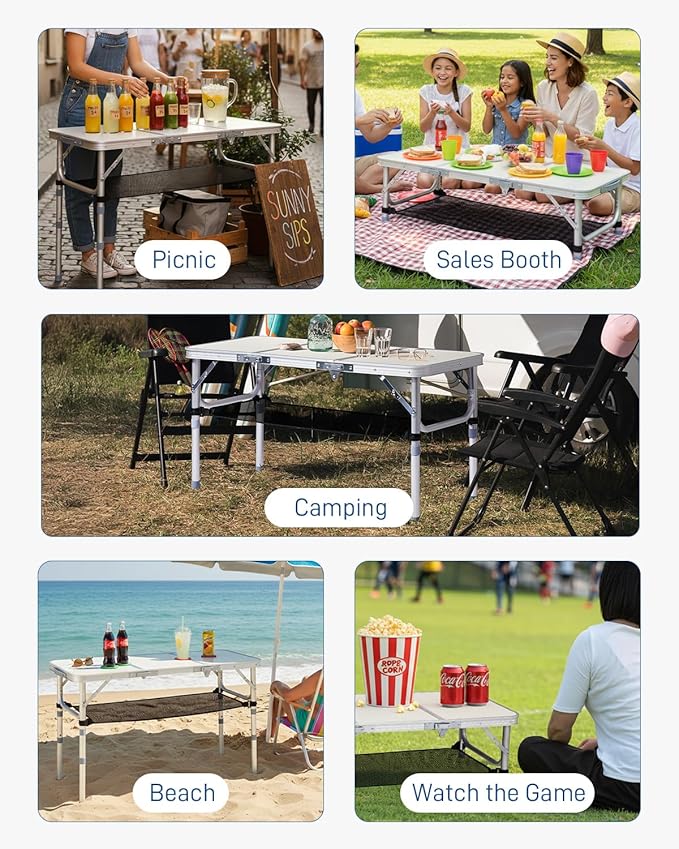Outvita Folding Table, 3FT Aluminum Camping Table with Storage Adjustable Height Picnic Table Lightweight for Carring Outdoor Party Events Beach