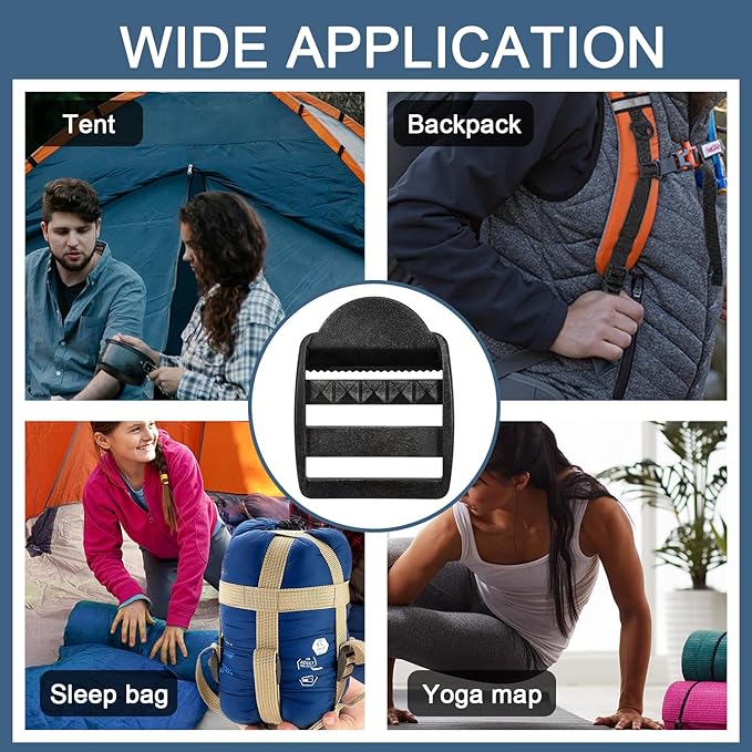 CooBigo 10 Pack Plastic Ladder Lock Buckles, 1-1/2" Ladder Slider Buckle for Backpack Strap Nylon Webbing Clip Replacement, Outdoor Camping Gear Sleeping Bag Tent Tie Down Strap Accessories (Black)