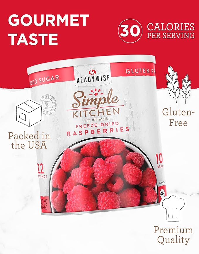 READYWISE - Simple Kitchen Freeze Dried Raspberries, 22 Servings, Vegan, Gluten Free, Healthy Snack, Survival Food, Dried Fruit, Raspberries (Pack of 2)