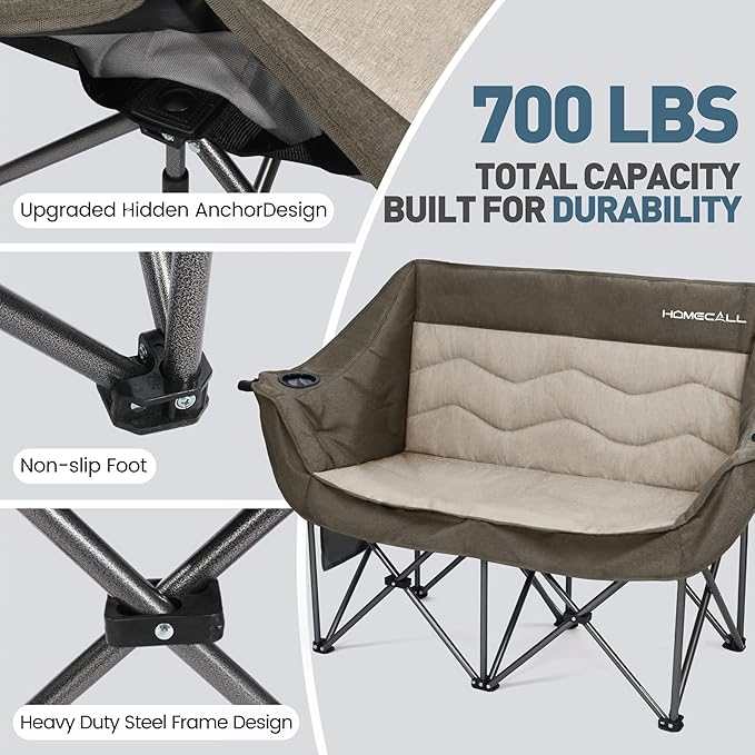 Double Camping Chair for Adults - Heavy Duty Folding Loveseat Support 700 lbs, 2 Person Padded Camping Couch Portable with Cup Holders & Storage Bag for Camping, Lawn, Sports, Green