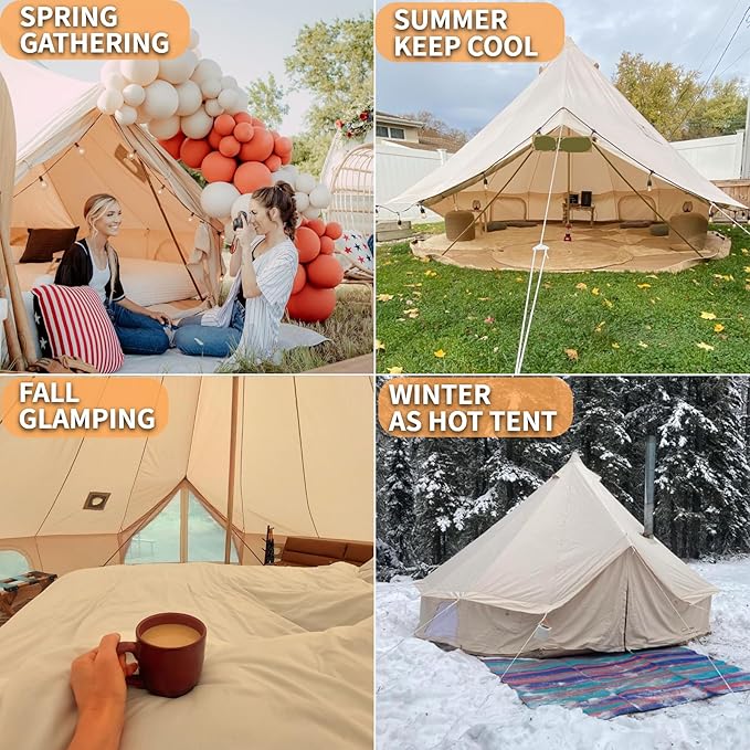 DANCHEL OUTDOOR 4 Season Canvas Yurt Tent with Large Wood Stove, Heavy Duty Bell Tent with Stove Jack 4-8 Person Winter Camping Glamping, 13ft/16.4ft/20ft