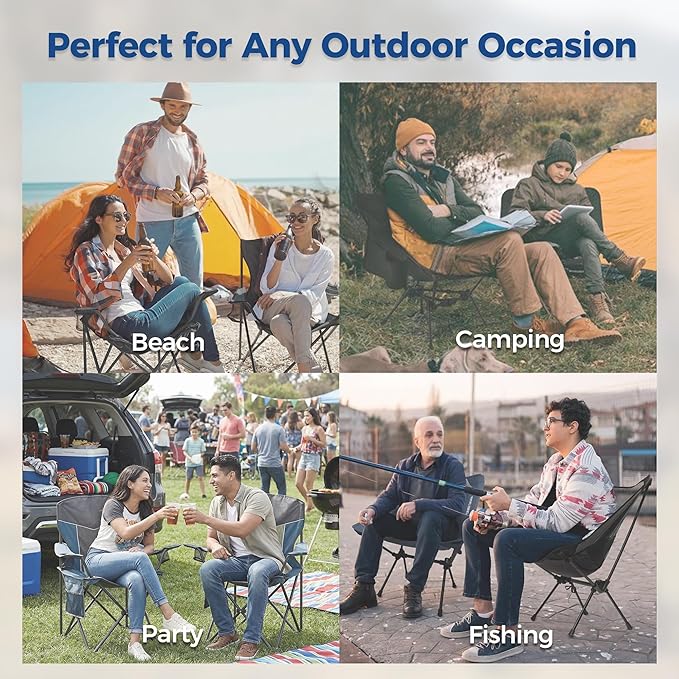 Outdoor Camping Chair 2-Pack with Mesh Back, Folding Portable Lawn Chairs with Cup Holder & Side Storage Pocket for Camping, Beach, Picnic, Fishing(Blue)