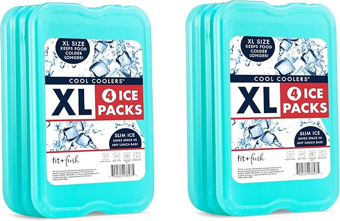 Cool Coolers by Fit + Fresh, Reusable & Long-Lasting XL Slim Ice Packs, Cold Packs for Lunch Boxes, Ice Packs for Lunch Bags. Cooler Accessories for Camping, Beach, Lunch, and Work, 8PK, Green