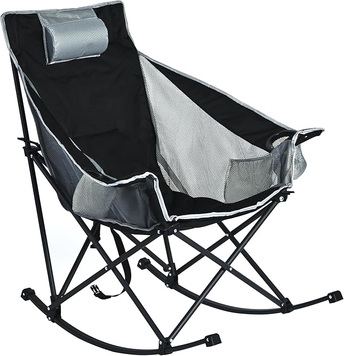 SUNNYFEEL Oversized Rocking Camping Chair, Fully Padded Patio Chair with Side Pocket, High Back Portable Lawn Recliner with Headrest, Outdoor Camp Rocker Chairs for Adults Heavy Duty 500 LBS Carry Bag